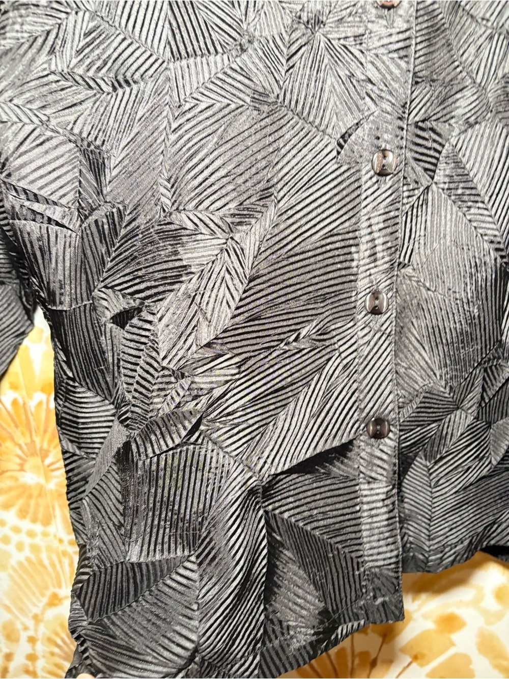 Erin London Black Textured Button Front Blouse | 3/4 Sleeve Career Casual Top - Picture 7 of 13